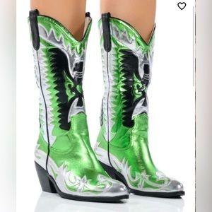 AZALEA WANG Metalic Cowgirl Boots - Green, silver and black
